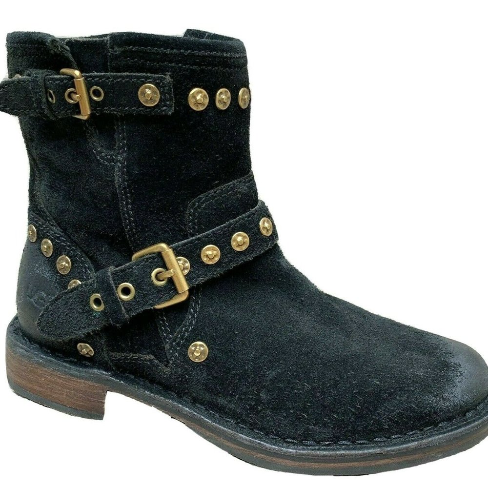 Ugg Fabrizia Moto Biker Boot Studded Zip Distressed Black Suede Women Size 5.5 M